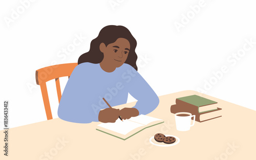 A young woman seated at a table writes thoughtfully in her notebook, surrounded by books and a cup of coffee, embodying the spirit of learning and creativity.