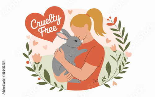 A woman lovingly holds a cute rabbit while promoting a cruelty-free lifestyle, surrounded by flowers and a heart symbol, showcasing compassion for animals and a gentle approach.