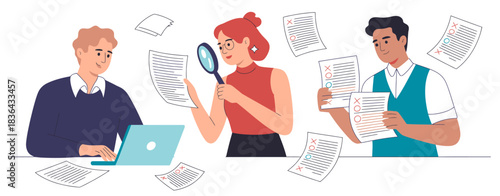 In this illustration, a diverse team is engaged in reviewing documents, showcasing collaboration and focus during a productive meeting in a modern office environment.