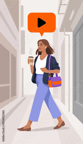 A modern and stylish woman strolling through an urban environment while enjoying a coffee, signifying a blend of urban lifestyle, self-care, and personal empowerment.