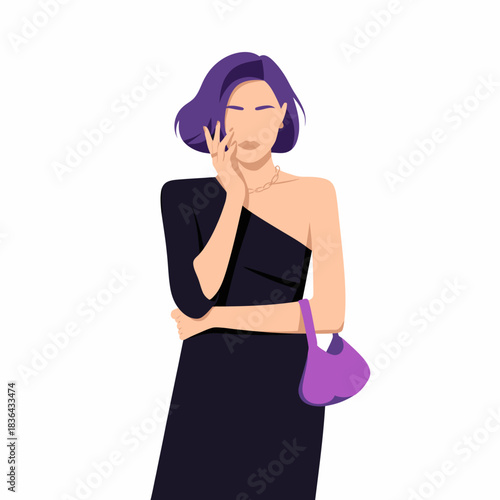 An artistic depiction of a fashionable woman with a chic dress and distinct style, exuding confidence and sophistication while holding a purse, presenting modern elegance.