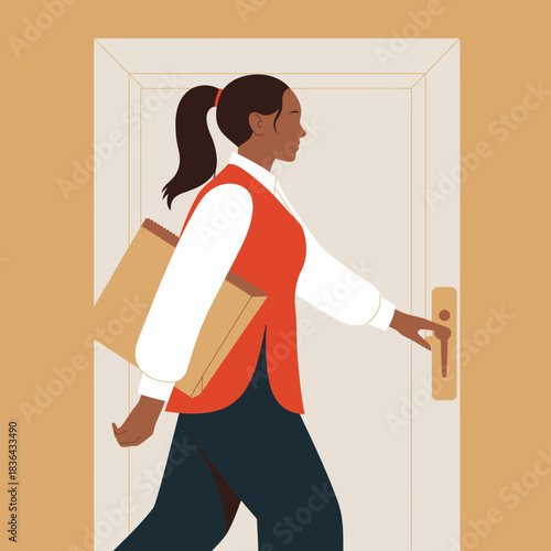 A stylish woman is entering her home carrying a brown grocery bag, presenting a moment of daily life that embodies routine and the joy of home gatherings and homemaking.