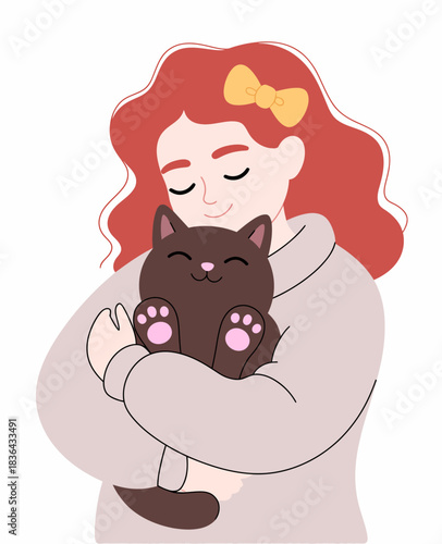 This charming illustration portrays a girl delightfully snuggling with her adorable black cat, capturing a warm and loving moment between them, filled with happiness.