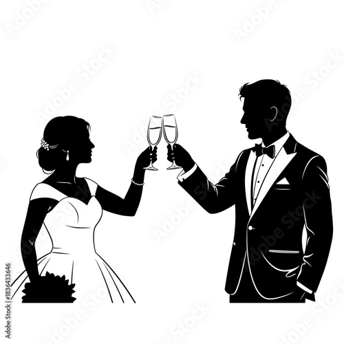 Wedding Couple Silhouette – Bride and Groom Toast Celebration Vector