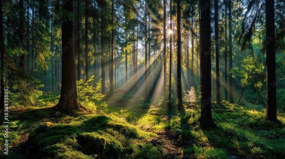 Obraz premium Sunlight streams through the branches of tall trees in a lush forest illuminating the green foliage and creating a peaceful morning scene filled with natural beauty.