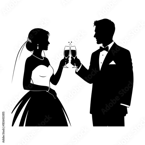 Wedding Couple Silhouette – Bride and Groom Toast Celebration Vector