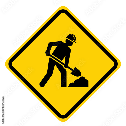 Road Work Warning Sign – Construction Worker Safety Shovel Icon Vector
