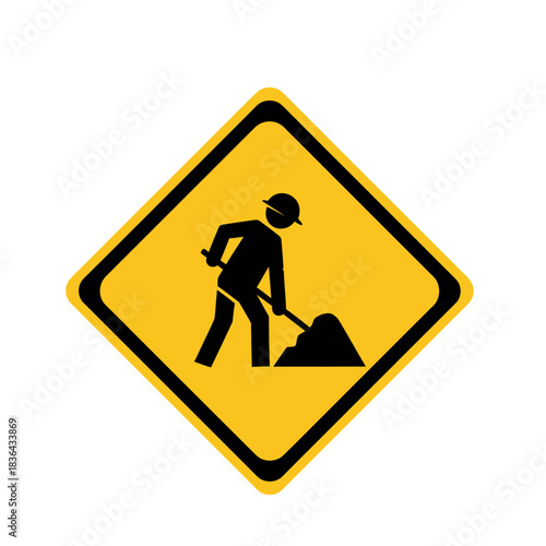 Road Work Warning Sign – Construction Worker Safety Shovel Icon Vector
