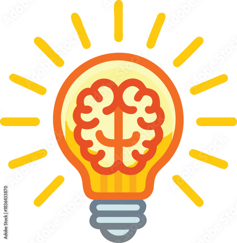 Glowing lightbulb illuminates a human brain, symbolizing intelligence and innovation of an idea