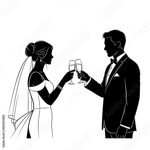 Wedding Couple Silhouette – Bride and Groom Toast Celebration Vector