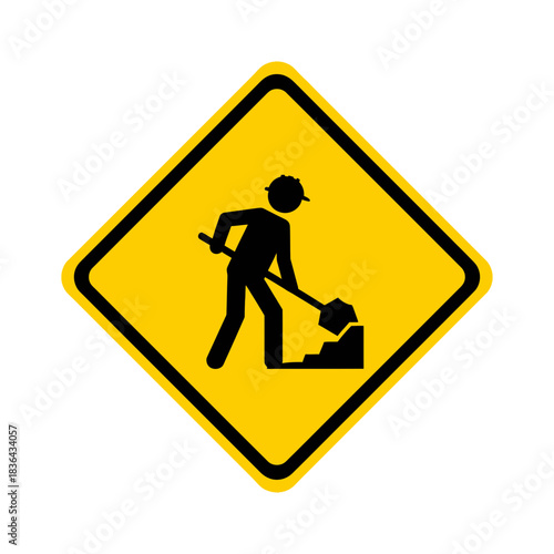 Road Work Warning Sign – Construction Worker Safety Shovel Icon Vector
