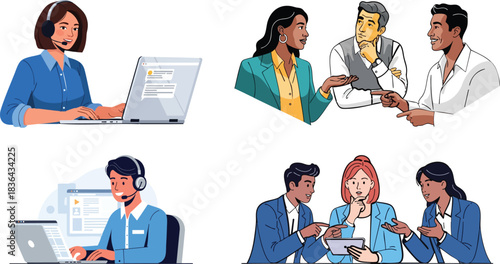Business communication, customer support, and teamwork vector illustrations isolated on white background, Vector