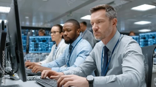 Tech Vigilance: Dedicated specialists intently monitor the data streams, their focus unwavering as they ensure the seamless operation of critical infrastructure.