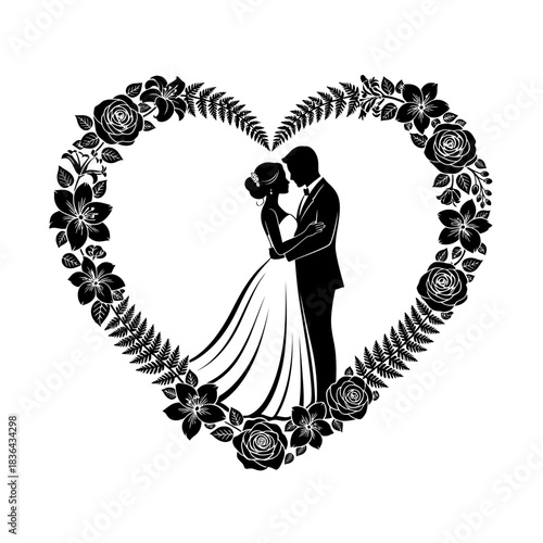 Romantic Wedding Couple Silhouette in Floral Heart – Bride Groom Love Vector