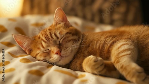 Adorable orange cat sleeping peacefully on a cozy bed, creating a warm, calm, and comforting atmosphere that conveys relaxation, softness, and homey lifestyle vibes.