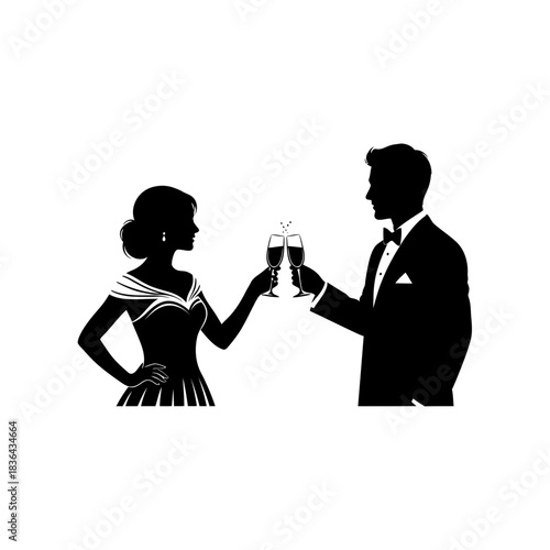 Wedding Couple Silhouette – Bride and Groom Toast Celebration Vector