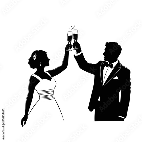 Wedding Couple Silhouette – Bride and Groom Toast Celebration Vector