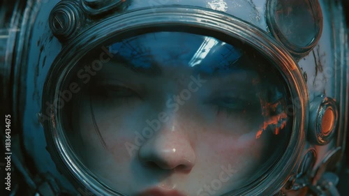 sci-fi fantasy female astronaut close up face looking from the back of space helmet 