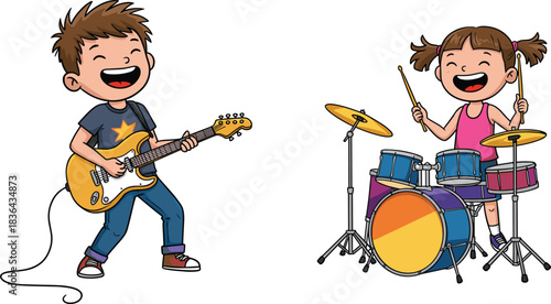 Smiling, Joyful Children Playing Electric Guitar and Drums, Having Fun with Rock Music