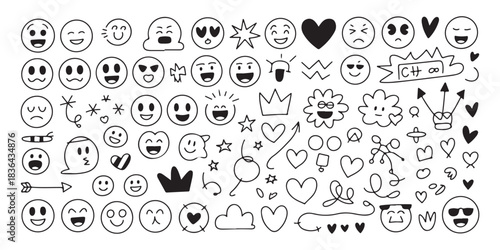 Set of hand drawn doodle emoticons, hearts, crowns, and various decorative elements on a white background