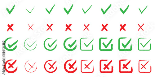 Vector Illustration, Check tick mark icon set. Cross box x check mark checkbox v list vector draw hand drawn sketch doodle brush marker checklist symbol wrong right circle. 