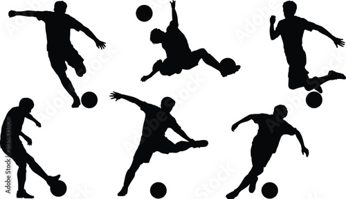 Soccer Football Player Silhouettes Vector Set, Kicking and Jumping Action Poses Collection