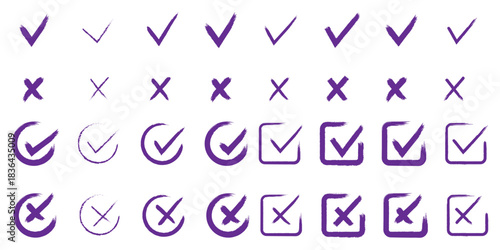 Check tick mark icon set. Cross box x check mark checkbox v list vector draw hand drawn sketch doodle brush marker checklist symbol wrong right circle. Vector Illustration 