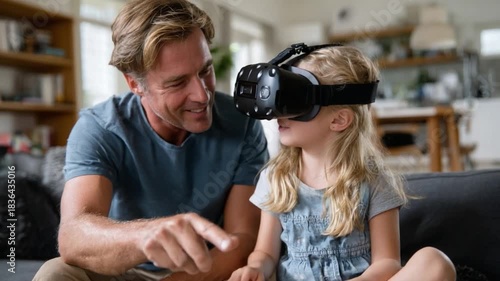 Virtual Exploration: A Father-Daughter Moment: A father looks on with a smile as his daughter experiences virtual reality for the first time.