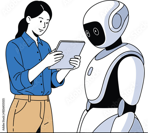 Female technician monitoring robot with tablet
