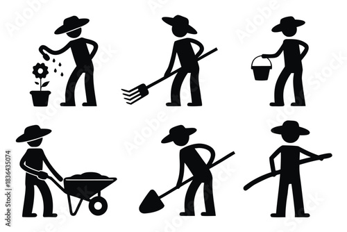 Icon set shows a person wearing a hat and using farming equipment tools