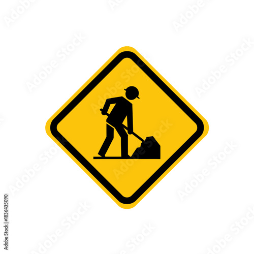 Road Work Warning Sign – Construction Worker Safety Shovel Icon Vector