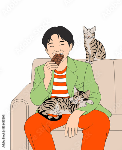 A person with a joyful expression is enjoying a bar of chocolate while cuddling two adorable cats, portraying a cozy and heartwarming scene of companionship and delight.