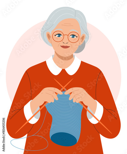An elderly woman with glasses enjoys knitting, showcasing her creativity and warmth while engaging in a relaxing and fulfilling hobby, which evokes feelings of nostalgia.