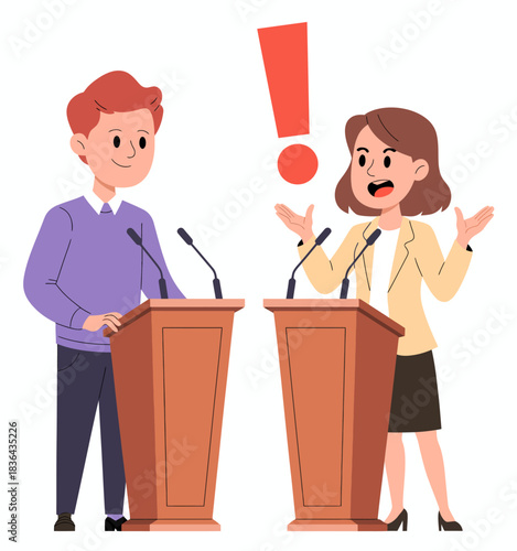 A lively debate scene featuring two speakers at podiums, highlighting their contrasting viewpoints, with one passionately gesturing to emphasize their arguments.
