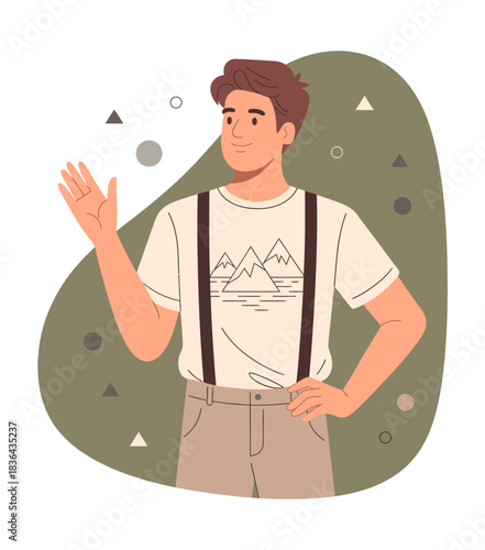 A minimalist illustration of a friendly young man in a casual outfit, smiling and gesturing, conveying warmth and approachability through its simple yet engaging character design.