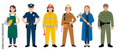 A collection of characters in various uniforms representing diverse professions, highlighting the importance of teamwork and community service in society.