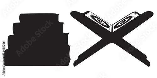 Books stack and open religious text on stand. education, wisdom.