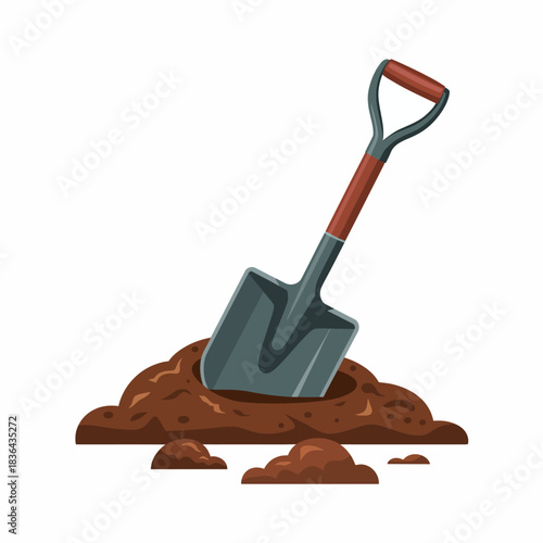 A shovel is resting in a mound of brown dirt, illustrating themes of labor, gardening, or construction. The image conveys hard work and the process of digging.