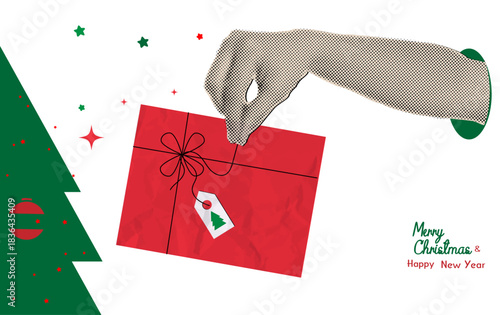 Trendy halftone collage woman hand open Christmas red gift box ribbon,Merry Christmas and New Year Celebration poster