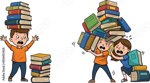 Students Dropping and Struggling with Massive Piles of Books, Illustrating Education Overload and Stress