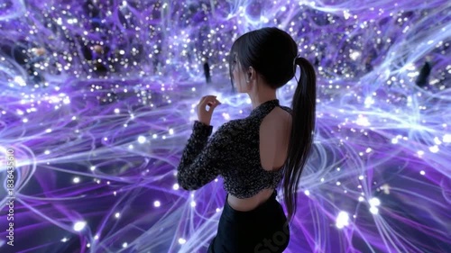 Visionary Explorer: A woman contemplates a cosmic vista, her silhouette framed against a swirling nexus of energy, suggesting infinite possibilities and boundless exploration.