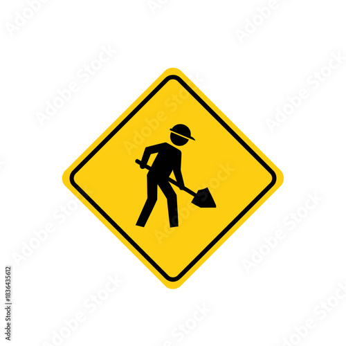 Road Work Warning Sign – Construction Worker Safety Shovel Icon Vector