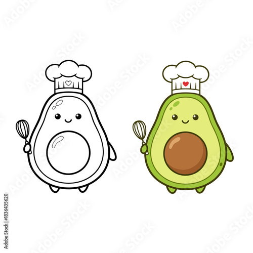 Cute Cartoon Avocado Chef Holding Whisk Line Art and Color Illustration for Kids Coloring Book and Cooking Theme