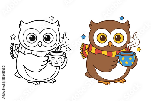 Cute Cartoon Owl Drinking Hot Chocolate in Scarf Line Art and Color Illustration for Kids Coloring Book and Winter Season