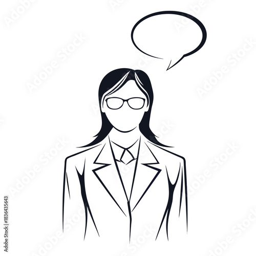 Faceless brunette woman in a suit is thinking with a speech bubble above her head