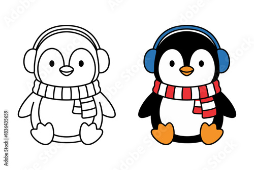 Cute Cartoon Penguin Wearing Scarf and Headphones Line Art and Color Illustration for Kids Coloring Book and Winter Theme