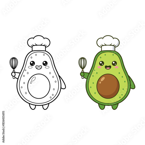 Cute Cartoon Avocado Chef Holding Whisk with Seeds Line Art and Color Illustration for Kids Coloring Book and Healthy Cooking