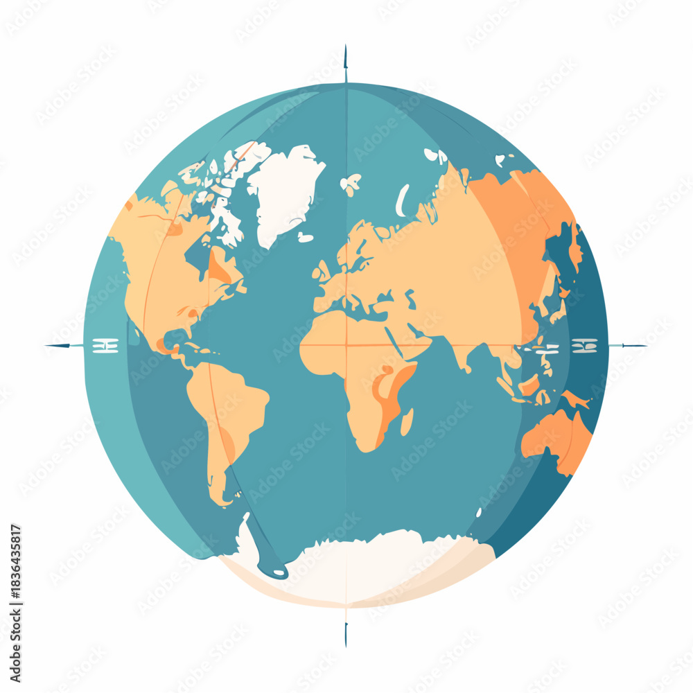 Fototapeta premium Colorful World Globe Map with Continents and Compass Rose Vector Illustration