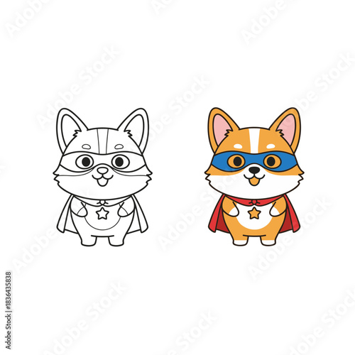 Cute Cartoon Corgi Dog Superhero with Mask and Cape Line Art and Color Illustration for Kids Coloring Book and Comic Theme