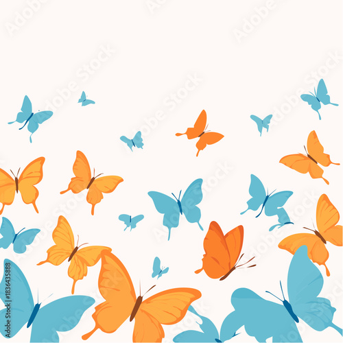 Dynamic vector illustration showcasing a multitude of lively blue and orange butterflies, capturing the essence of spring's vibrant rebirth